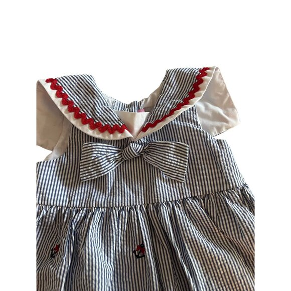 Good Lad Girls Nautical Seersucker Dress 2T Blue & White Stripes W/ Red Ric Rac - Picture 3 of 8